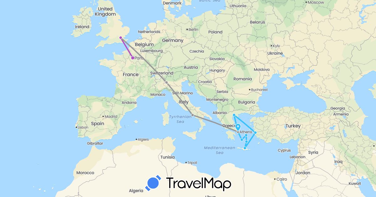 TravelMap itinerary: driving, plane, train, boat in France, United Kingdom, Greece, Italy, Turkey (Asia, Europe)